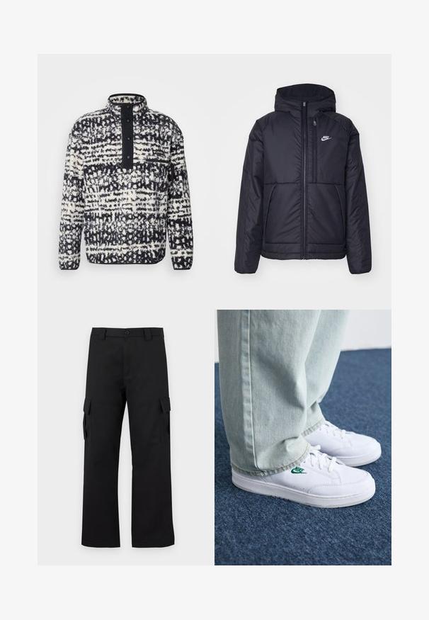 Giacca Nike nera, imbottita, con zip frontale e cappuccio. Presenta un logo bianco sul lato sinistro del petto e doppie tasche frontali. Texture esterna liscia.; Columbia HELVETIA - Felpa in pile - black; Pantaloni cargo neri con design a gamba dritta. Realizzati in tessuto resistente, dotati di due tasche laterali con chiusura a pattina e chiusura con bottone.; Sneakers in pelle bianca con logo Nike verde, punta rotonda, suola piatta, abbinati a pantaloni in denim azzurro, mostrati su un tappeto blu.