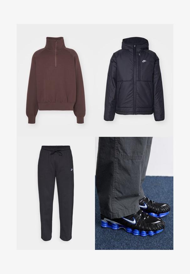 Svart, vadderad Nike-jacka med dragkedja framtill och huva. Har en vit logotyp på vänster bröst och dubbla framfickor. Slät yttextur.; Brun slipover med hög krage och halv dragkedja. Har ribbade mudd och midja, tillverkad av mjukt tyg med en slät textur.; Svarta träningsbyxor i mjukt tyg med elastisk midja, dragsko och en liten Nike-logotyp på vänster lår.; Svarta träningsskor med blå och silver detaljer, med en texturerad ovandel, en djärv sula och snörningssystem. Positionerade på en blå matta.