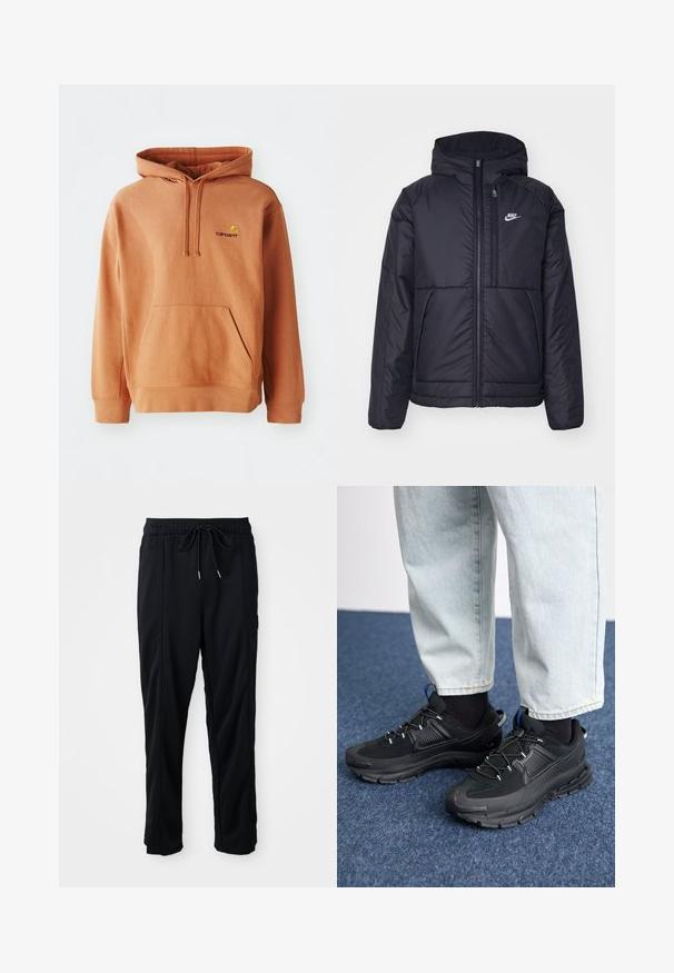 Zwarte, gewatteerde Nike-jas met een voorkant met ritssluiting en capuchon. Kenmerkt zich door een wit logo op de linkerborst en dubbele frontzakken. Gladde buitenkant.; Oranje hoodie van een katoenmix met een voorkant zak, verstelbare trekkoordkap en geborduurd logo op de borst.; Zwarte casual broek met koord in de taille, met zijzakken en rechte pijpen op een effen achtergrond.; Zwarte sportschoenen met gestructureerde stof en rubberen zolen, met elastische veters en een blauwe accent op de hiel. Draag samen met lichte spijkerbroeken.