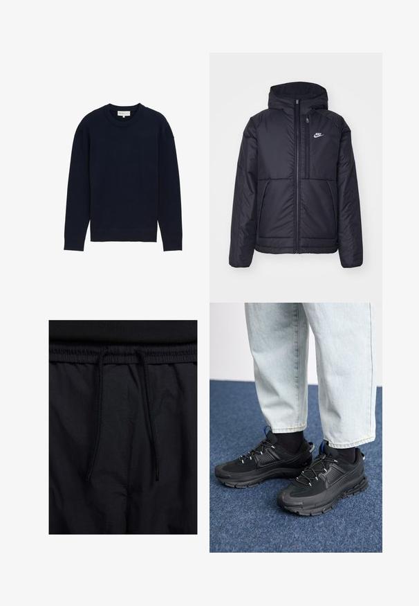 Fekete, párnázott Nike dzseki elülső cipzárral és kapucnival. A bal mellen fehér logó található, valamint két elülső zseb. Simának tűnő külső felület.; Sötétkék, hosszú ujjú pulóver, bordás kerek nyakkal és mandzsettával, egy sima fehér háttér előtt.; Fekete rövidnadrág, húzózsinórral ellátott derékrésszel, könnyű anyagból, sima felszínen, egyszerű dizájnnal, látható logók vagy minták nélkül.; Fekete sportcipők texturált anyaggal és gumitalppal, elasztikus fűzőkkel és kék kiegészítővel a saroknál. Világos farmernadrággal viselve.