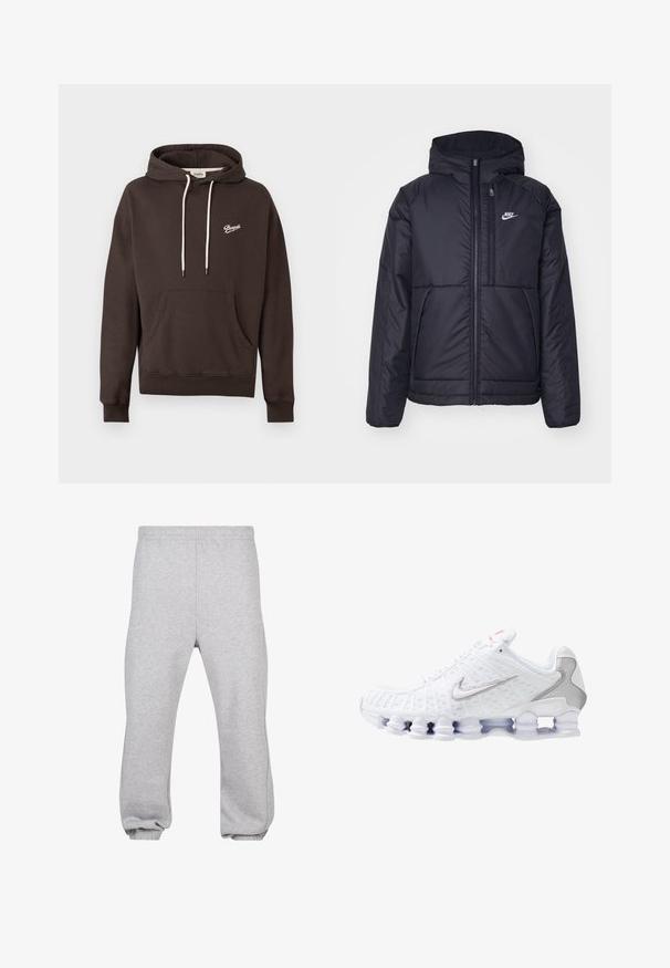 Fekete, párnázott Nike dzseki elülső cipzárral és kapucnival. A bal mellen fehér logó található, valamint két elülső zseb. Simának tűnő külső felület.; Sötétbarna kapucnis pulóver, elülső zsebbel, fehér húzózsinórral és egy apró fehér "Pompeii" logóval a bal mellen.; Szürke pamutkeverék sport nadrág, rugalmas derekú, tapered (keskenyített) lábakkal és szegővel ellátott nadrágszárral. Egyszerű dizájn, minták nélkül.; Fehér sportcipő, texturált hálós felsőrésszel, ezüst Nike logóval, párnázott nyakkal és egyedi, rugós, áttetsző műanyag talppal.