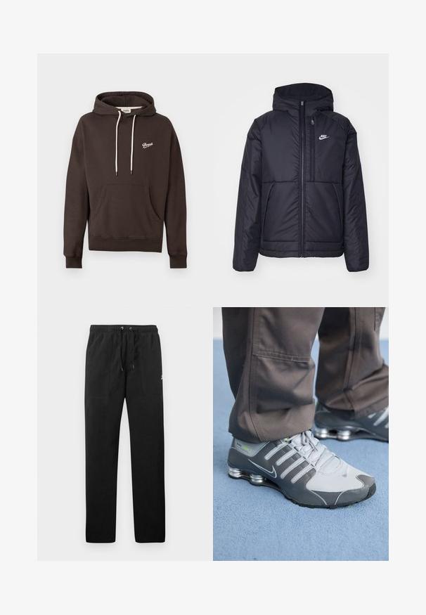 Zwarte, gewatteerde Nike-jas met een voorkant met ritssluiting en capuchon. Kenmerkt zich door een wit logo op de linkerborst en dubbele frontzakken. Gladde buitenkant.; Donkerbruine hooded sweatshirt met een voorzak, witte koorden en een klein wit "Pompeii" logo op de linkerborst.; Zwarte sweatpants van fleece, met een elastische tailleband met trekkoorden, twee voorzakken en een klein logo op de dij.; Grijze en zilveren Nike Shox sneakers hebben een strakke uitstraling, met een combinatie van mesh en synthetische materialen, een ronde neus en een gevoerde kraag.