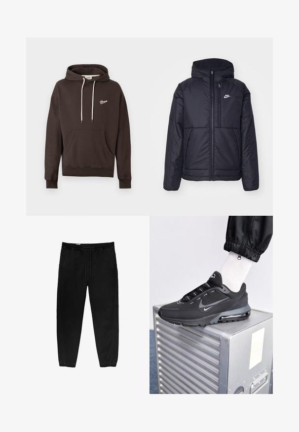 Černá zateplená bunda Nike s předním zipem a kapucí. Na levé straně hrudi má bílé logo a dvojité přední kapsy. Hladký povrch.; Tmavohnědá mikina s kapucí a přední kapsou, bílé tkaničky a malé bílé logo "Pompeii" na levém prsu.; Černé kalhoty s elastickým pasem a stahovací šňůrkou, se zúženými nohavicemi, bočními kapsami a jemnými detaily bočního šití. Měkká textilie z bavlny.; Nike Sportswear PULSE - Tenisky - black/anthracite