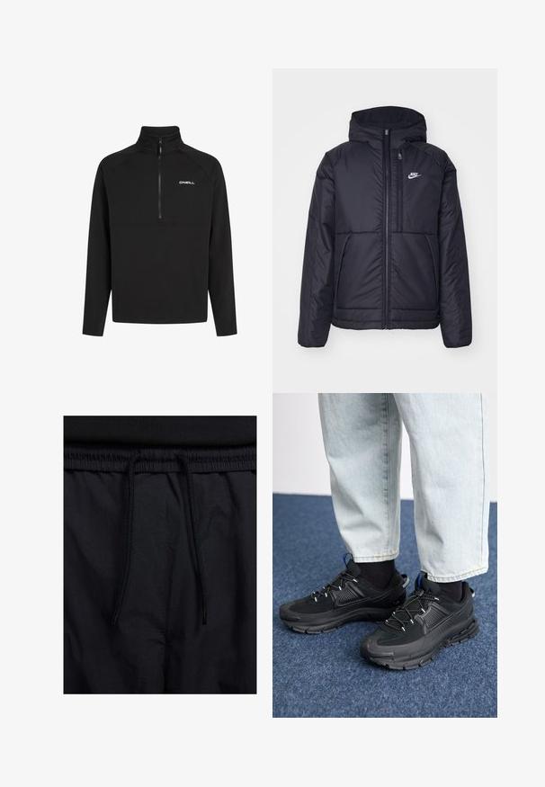Must musta Nike jope, millel on ees lukuga avamine ja kapuuts. Vasakpoolne rind on kaunistatud valge logoga ning ees on kaks taskut. Sile välimine tekstuur.; Mustmust with kõrge krae, osaline lukuga ja pika varrukaga. Omab stiilset disaini valge "O'Neill" logoga rinnal.; Mustad lühikesed püksid, millel on paelaga vöökoht, kerge kangas, mis on sileda tekstuuriga ning lihtne disain ilma nähtavate logode või mustriteta.; Mustad mustad jooksukingad, millel on tekstureeritud kangas ja kummist tallad, elastsed nöörid ning sinine aksent kandadel. Kandmine heledate teksadega.