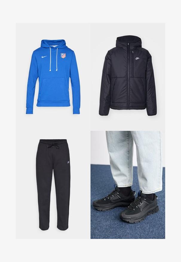Zwarte, gewatteerde Nike-jas met een voorkant met ritssluiting en capuchon. Kenmerkt zich door een wit logo op de linkerborst en dubbele frontzakken. Gladde buitenkant.; Blauwe hoodie van een katoenmix, met een vozak pocket en witte koorden. Nike-logo op de bovenste linkerzijde, Atlético Madrid-embleem op de borst.; Zwarte sweatpants van zacht stof met een elastische tailleband, trekkoord en een klein Nike-logo op de linker bovenbeen.; Zwarte sportschoenen met gestructureerde stof en rubberen zolen, met elastische veters en een blauwe accent op de hiel. Draag samen met lichte spijkerbroeken.