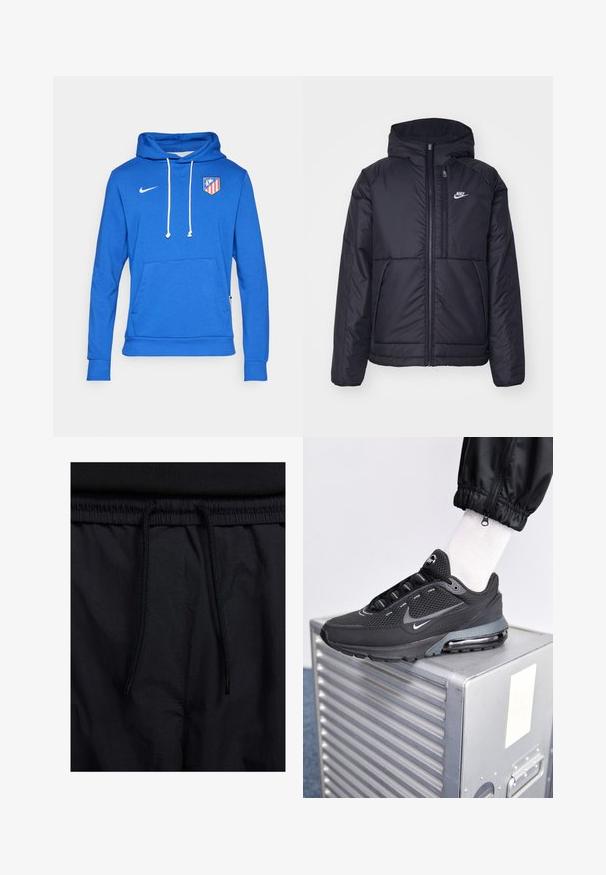 Černá zateplená bunda Nike s předním zipem a kapucí. Na levé straně hrudi má bílé logo a dvojité přední kapsy. Hladký povrch.; Modrá mikina s kapucí vyrobená z bavlněné směsi, s přední kapsou a bílými šňůrkami. Logo Nike na horním levém rohu, emblém Atletic Madrid na hrudi.; Černé šortky s páskem na šňůrku, lehký materiál s hladkou texturou a jednoduchý design bez viditelných log nebo vzorů.; Nike Sportswear PULSE - Tenisky - black/anthracite