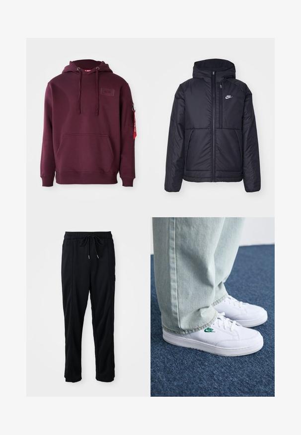 Casaco Nike preto, acolchoado, com fecho à frente e capuz. Apresenta um logo branco no lado esquerdo do peito e dois bolsos frontais. Textura exterior lisa.; Hoodie bordô em tecido suave, com bolso frontal, capuz ajustável com cordão, e um bolso lateral com zíper e detalhe em etiqueta vermelha.; Calças casuais pretas com cordão na cintura, com bolsos laterais e corte reto, sobre um fundo simples.; Tênis de couro brancos com logo verde da Nike, bico redondo, sola plana, combinados com calças de denim azul claro, exibidos sobre um tapete azul.