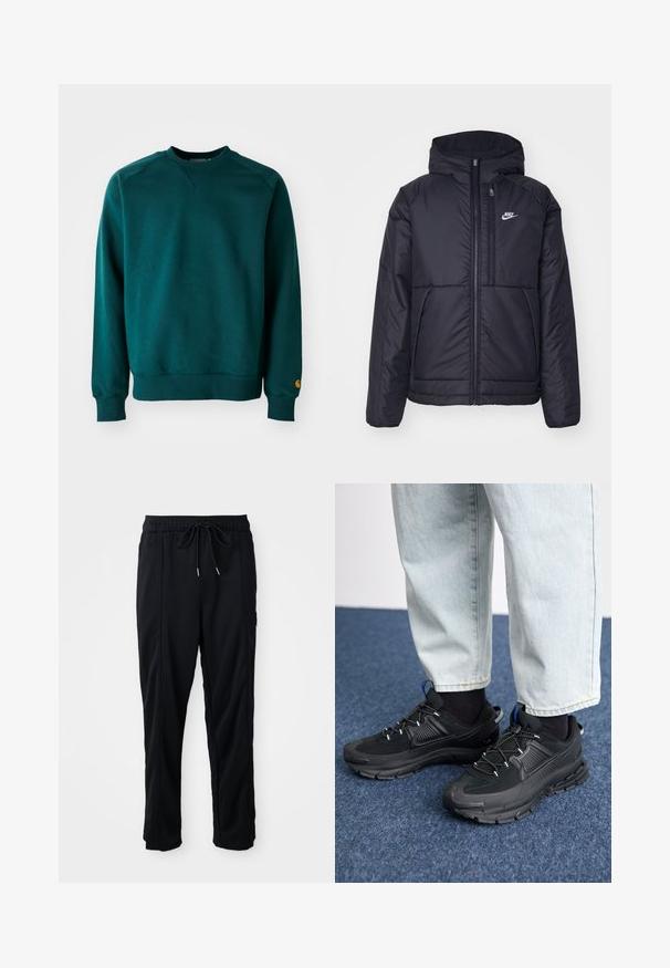 Svart, vadderad Nike-jacka med dragkedja framtill och huva. Har en vit logotyp på vänster bröst och dubbla framfickor. Slät yttextur.; Mörk teal sweatshirt med V-ringning, ribbade ärmslut och nederkant. Tillverkad av mjukt material, med en liten logotyp på vänster ärm.; Svarta byxor med dragsko i midjan, avslappnad stil, med sidfickor och rak benklippning på en plain bakgrund.; Svarta sportskor med texturerat tyg och gummisulor, med elastiska snörningar och en blå detalj på hälen. Bärs med ljusa jeans.