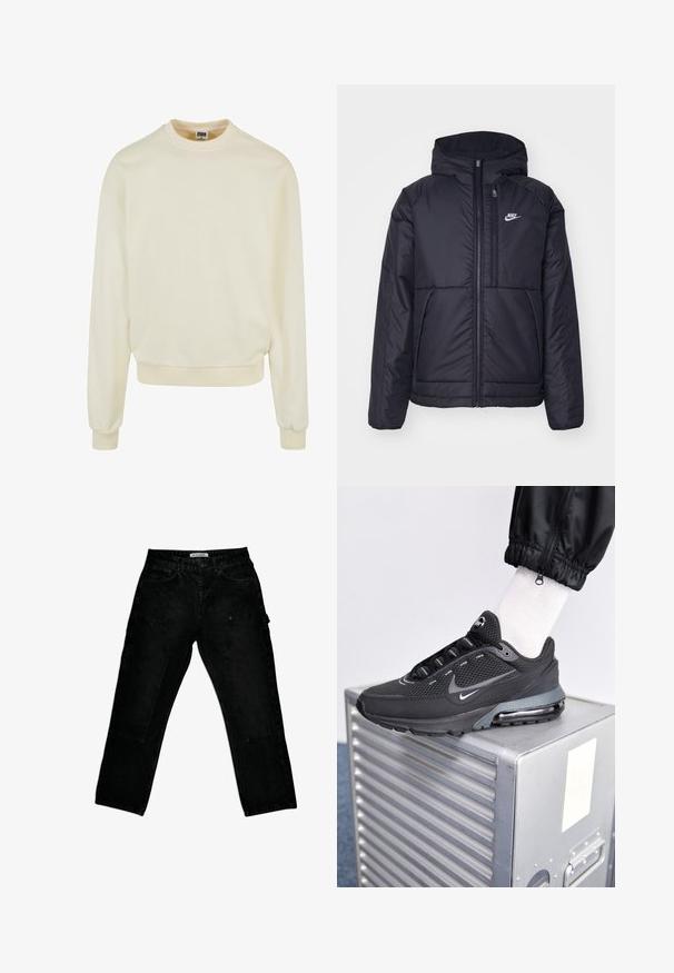 Chaqueta acolchada negra de Nike con cremallera frontal y capucha. Presenta un logo blanco en el lado izquierdo del pecho y dos bolsillos frontales. Textura exterior suave.; Sudadera color crema hecha de tela suave, con cuello redondo, mangas largas y puños y dobladillo de canalé. Sin patrones ni gráficos.; Pantalones cargo de mezclilla negra con un ajuste holgado, que cuentan con dos bolsillos laterales y un cierre de botón. Tejido texturizado con un diseño clásico.; Nike Sportswear PULSE - Zapatillas - black/anthracite