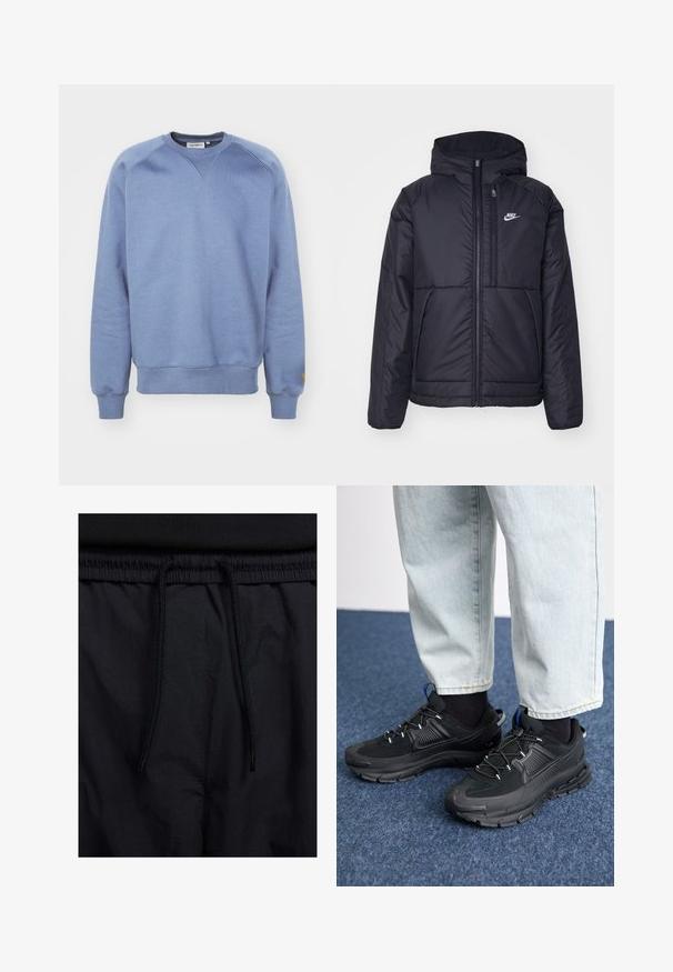 Chaqueta acolchada negra de Nike con cremallera frontal y capucha. Presenta un logo blanco en el lado izquierdo del pecho y dos bolsillos frontales. Textura exterior suave.; Carhartt WIP CHASE - Sudadera - positano/gold; Pantalones cortos negros con cinturilla ajustable, tejido ligero con una textura suave y un diseño sencillo sin logotipos visibles ni patrones.; Zapatillas deportivas negras con tejido texturizado y suelas de goma, con cordones elásticos y un acento azul en el talón. Combinadas con pantalones de mezclilla claros.