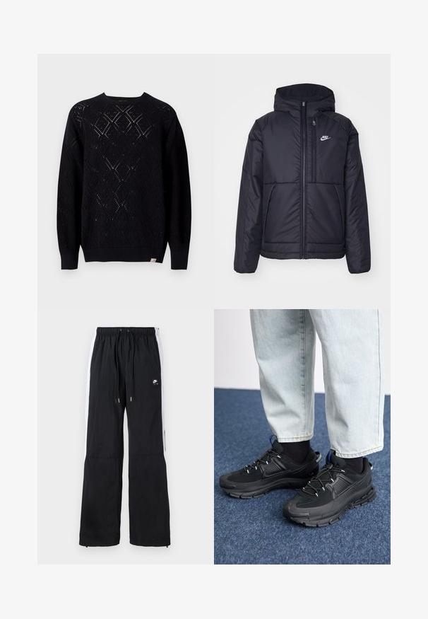 Juodas, paminkštintas Nike džemperis su priekyje užtrauktuku ir gobtuvu. Pasižymi balta logo kairėje krūtinės pusėje ir dviem priekinėmis kišenėmis. Su lygiu išoriniu paviršiumi.; Juodas megztinis su tekstūruotu deimanto raštu, apvaliu kaklu ir raštuotomis rankovėmis. Ant apdailos yra maža etiketė.; Juodi sportiniai kelnės su elastine juosta, baltomis šoninėmis juostelėmis, užtrauktukais ant apačios ir guminėmis logotipo detalėmis priekyje.; Juodi sportiniai bateliai su tekstūruota medžiaga ir guminiais padais, su elastingomis raišteliais ir mėlynu akcentu ant kulno. Dėvimi su šviesiai mėlynomis džinsinėmis kelnėmis.