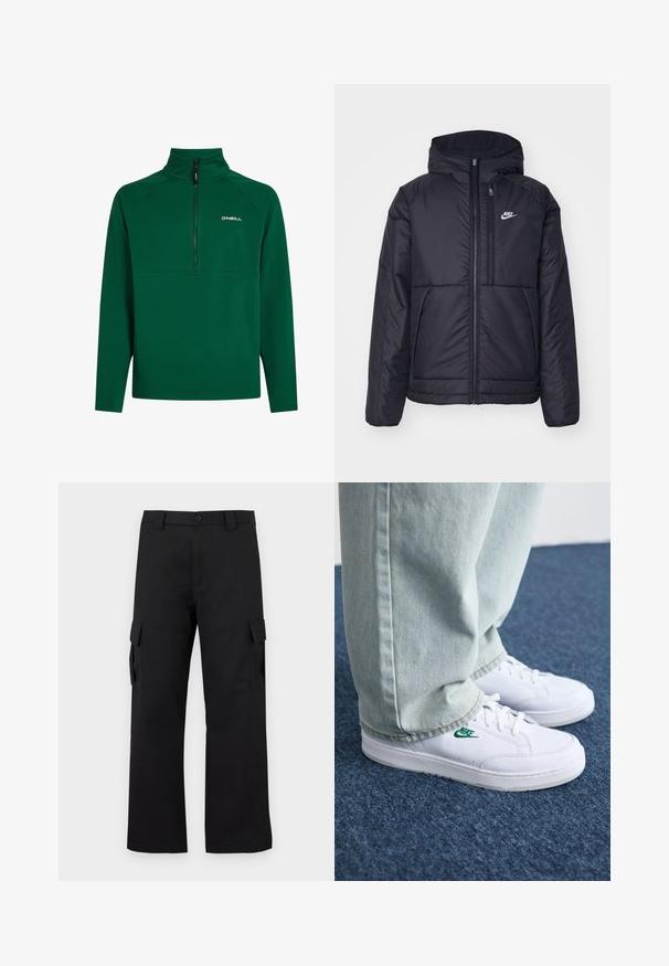 Juodas, paminkštintas Nike džemperis su priekyje užtrauktuku ir gobtuvu. Pasižymi balta logo kairėje krūtinės pusėje ir dviem priekinėmis kišenėmis. Su lygiu išoriniu paviršiumi.; Žalias flisinis megztinis su pusiau užtrauktuku, turintis sustiprintų siūlių dizainą ir logotipą kairėje krūtinės pusėje. Minkšta tekstūra. Ilgos rankovės.; Juodi cargo kelnės su tiesiu kojų dizainu. Pagamintos iš tvirto audinio, turi dvi šonines kišenes su užsegamais dangteliais ir mygtukų užtrauktuką.; Balti odiniai sportbačiai su žaliu Nike logotipu, apvalia nosimi, plokščiu padu, derinami su šviesiai mėlynomis džinsinėmis kelnėmis, rodomi ant mėlynos kiliminės dangos.