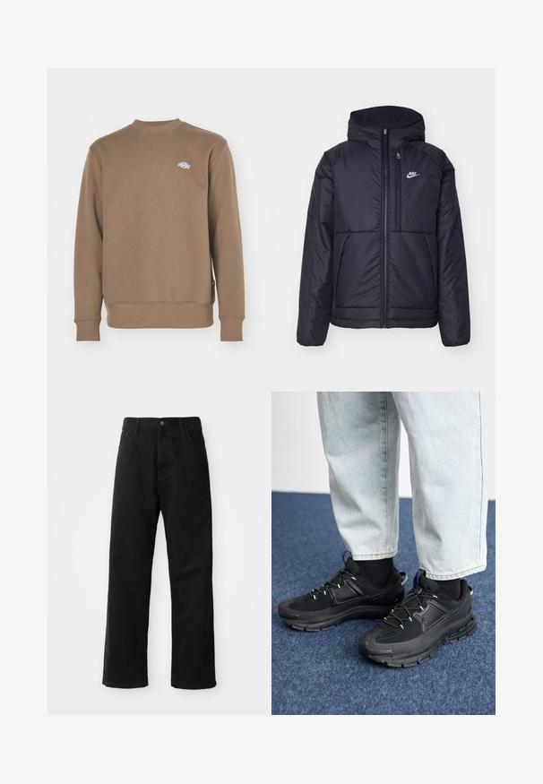 Giacca Nike nera, imbottita, con zip frontale e cappuccio. Presenta un logo bianco sul lato sinistro del petto e doppie tasche frontali. Texture esterna liscia.; Dickies SUMMERDALE - Felpa - mushroom; Pantaloni in denim nero con taglio dritto, caratterizzati da tasche frontali, chiusura con zip e un singolo bottone superiore. Tessuto testurizzato con finitura opaca.; Scarpe sportive nere con tessuto testurizzato e suole in gomma, dotate di lacci elastici e un accento blu sul tallone. Indossate con pantaloni in denim chiaro.