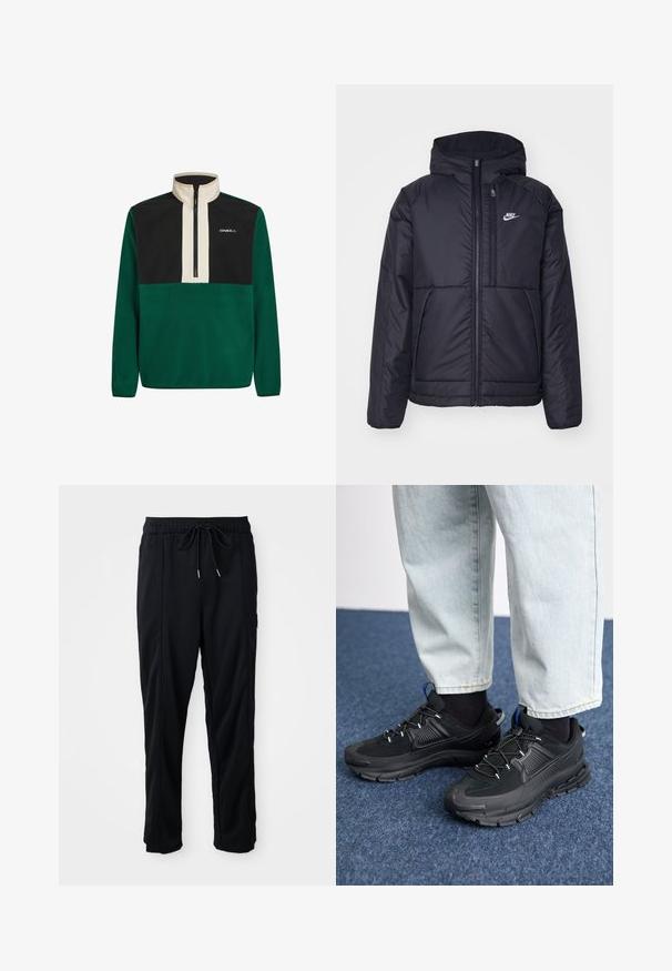 Black, padded Nike jacket with a front zipper and hood. Features a white logo on the left chest and dual front pockets. Smooth exterior texture.; Green and black fleece pullover with a high collar, half-zip front, and logo. Features solid colors and a soft texture throughout.; Black drawstring waist casual pants with side seam pockets and straight leg cut on a plain background.; Black athletic shoes with textured fabric and rubber soles, featuring elastic laces and a blue accent on the heel. Worn with light denim pants.