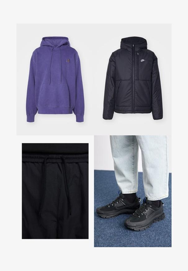 Čierna, polstrovaná bunda Nike so zipsom vpredu a kapucňou. Na ľavej strane hrude sa nachádza biele logo a sú tu dva predné vrecká. Hladký vonkajší povrch.; Fialová bavlnená mikina s kapucňou, má predné vrecko a šnúrku na stiahnutie. Obsahuje rebrované manžety a lem, s logom na hrudi.; Čierne šortky s pásom na stiahnutie, z ľahkej látky s hladkou textúrou a jednoduchým dizajnom bez viditeľných log alebo vzorov.; Čierne športové topánky s textúrovanou tkaninou a gumovou podrážkou, so elastickými šnúrkami a modrým akcentom na päte. Nosia sa s svetlými riflami.