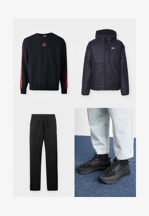 Melna, pufota Nike jaka ar priekšējo rāvējslēdzēju un kapuci. Iezīmēta ar baltu logotipu uz kreisās krūtis un divām priekšējām kabatām. Gluda ārējā tekstūra.; Jūras spēku sporta krekls ar sešstūrainu sarkanu Nike logo uz krūškurvja. Piedāvā sarkanas akcentus gar piedurknēm un teksturētu, mīkstu audumu.; Melnas sporta bikses, izgatavotas no flīsa, ar elastīgu jostasviedi un auklām, diviem priekšējiem kabatām un nelielu logo uz augšstilba.; Melni sporta apavi ar strukturētu audumu un gumijas zoli, ar elastīgām auklām un zilu akcentu uz papēža. Nēsāti ar gaišām džinsu biksēm.