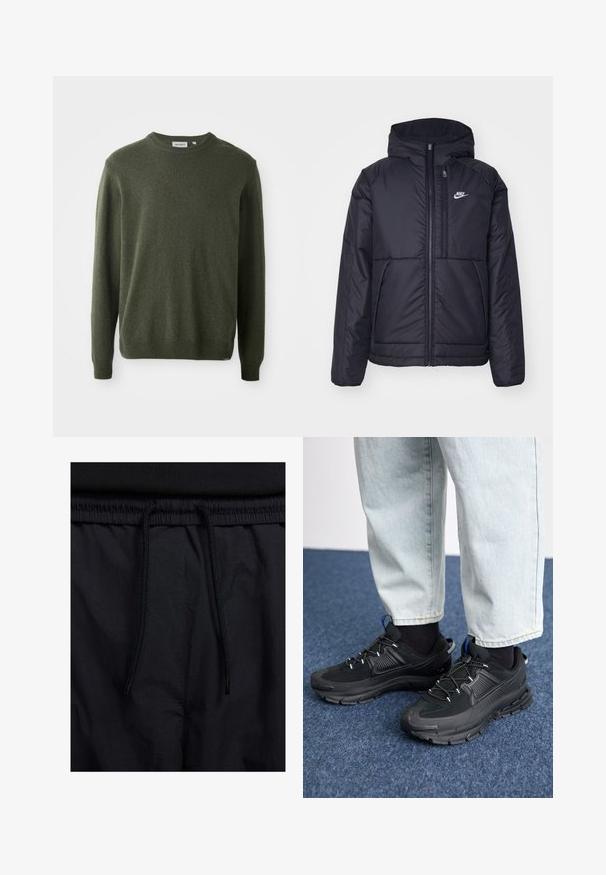 Svart, polstret Nike-jakke med frontglidelås og hette. Har en hvit logo på venstre bryst og doble frontlommer. Glatt ytterside.; Mørk grønn genser, rund hals, lange ermer, ribbede mansjetter og nedkant, myk tekstur, enkelt design, ingen synlige mønstre eller dekorasjoner.; Sorte shorts med snor i livet, lett stoff med en jevn tekstur, og et enkelt design uten synlige logoer eller mønstre.; Svarte sportssko med teksturert stoff og gummisåler, med elastiske lisser og en blå detalj på hælen. Brukt med lyse denimbukser.