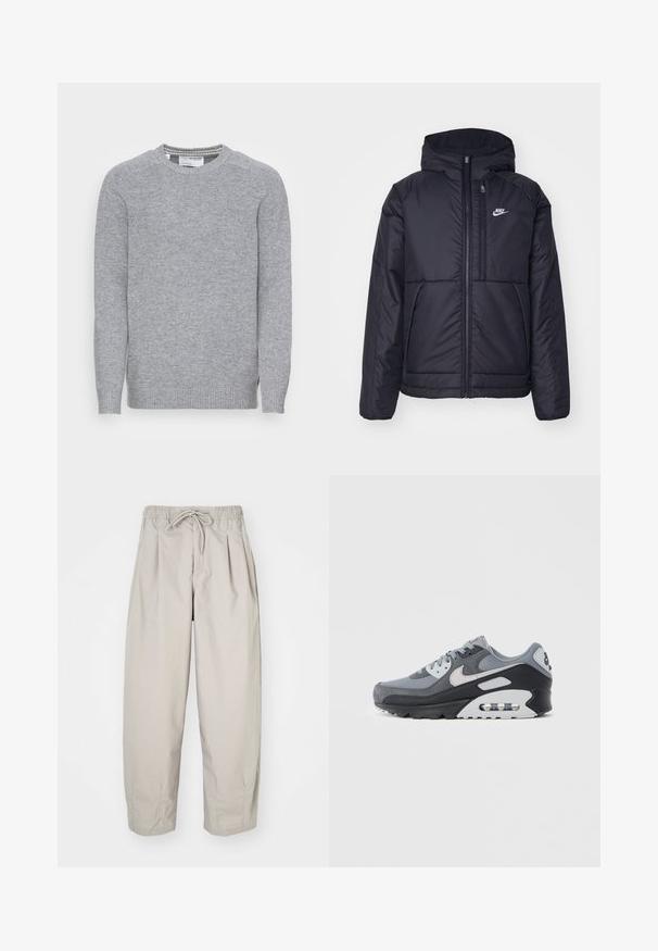 Černá zateplená bunda Nike s předním zipem a kapucí. Na levé straně hrudi má bílé logo a dvojité přední kapsy. Hladký povrch.; Šedý pletený svetr s kulatým výstřihem, žebrovanými manžetami a lemem. Hladká textura a jednoduchý, klasický design se bočními rozparky.; Béžové, lehké kalhoty s elastickým pasem a šňůrkou na stažení. Mají sklady a volný střih, vyrobené z měkké, hladké látky.; Šedá teniska kombinující síťovinu a semiš, s černou podrážkou a viditelnou vzduchovou jednotkou. Výrazné světle šedé detaily a tkaničky.