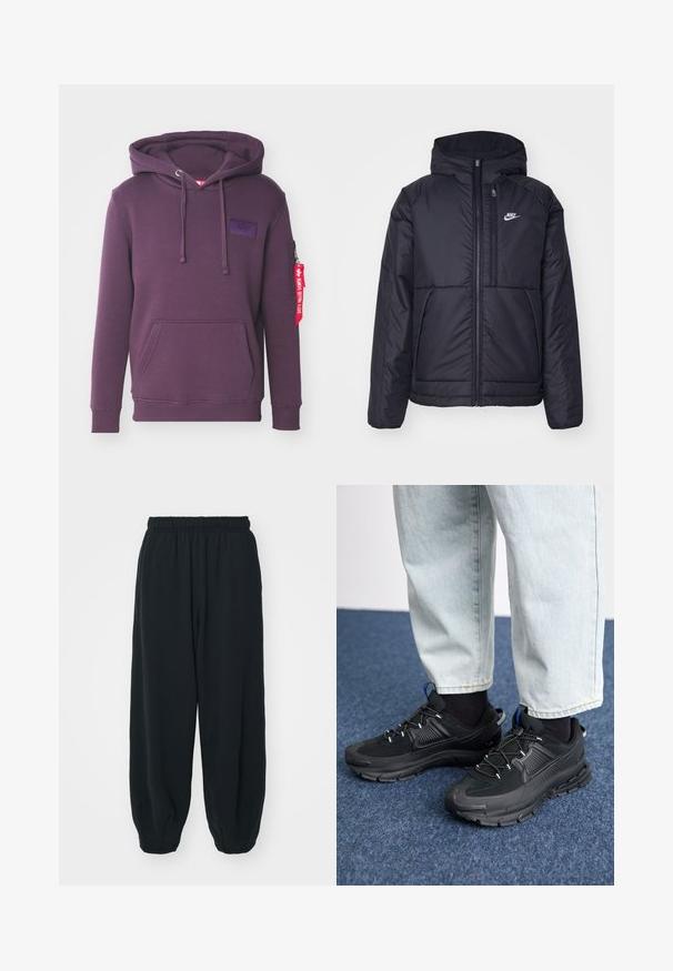 Crna Nike jakna s podstavom, dugmadi sprijeda i kapuljačom. Ima bijeli logotip na lijevoj strani prsnog koša i dva prednja džepa. Glatka vanjska tekstura.; Ljubičasta dukserica od mekog materijala sa prednjim džepom, uvezenim šnurama, bočnim džepom sa patentnim zatvaračem i platnenom etiketom koja visi s rukava.; Crne, dukserice s elastičnim strukom, širokog kroja, s manžetama na gležnjevima, glatke teksture i bez vidljivih uzoraka ili metalnih detalja.; Crne atletske cipele s teksturiranom tkaninom i gumene potplate, s elastičnim vezicama i plavim akcentom na peti. Nosene su s svijetlim trapericama.