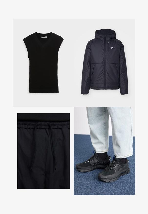 Crna Nike jakna s podstavom, dugmadi sprijeda i kapuljačom. Ima bijeli logotip na lijevoj strani prsnog koša i dva prednja džepa. Glatka vanjska tekstura.; Crna bezrukavna pletena prsluk s V-izrezom i rebrastom teksturom, s glatkim rubom i bez dodatnih ukrasa.; Crne kratke hlače s pojasom na vezanje, lagani materijal s glatkom teksturom i jednostavan dizajn bez vidljivih logotipa ili uzoraka.; Crne atletske cipele s teksturiranom tkaninom i gumene potplate, s elastičnim vezicama i plavim akcentom na peti. Nosene su s svijetlim trapericama.