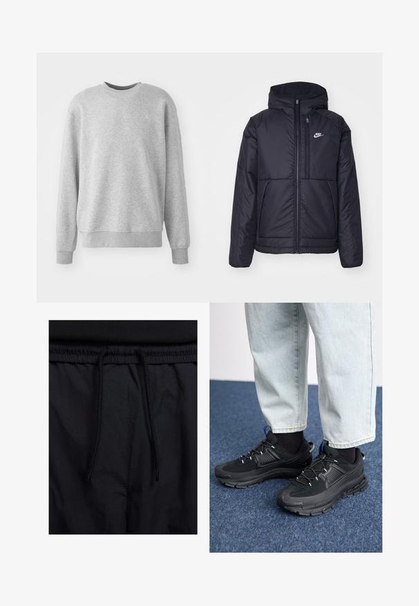 Svart, polstret Nike-jakke med frontglidelås og hette. Har en hvit logo på venstre bryst og doble frontlommer. Glatt ytterside.; Grå sweatshirt laget av myk stoff, har rund hals, ribbestrikkede mansjetter og nederkant, med en subtil logopregning foran.; Sorte shorts med snor i livet, lett stoff med en jevn tekstur, og et enkelt design uten synlige logoer eller mønstre.; Svarte sportssko med teksturert stoff og gummisåler, med elastiske lisser og en blå detalj på hælen. Brukt med lyse denimbukser.