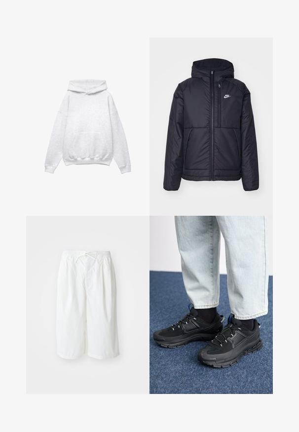 Jachetă Nike neagră, căptușită, cu fermoar pe față și glugă. Prezintă un logo alb pe pieptul stâng și două buzunare frontale. Textură exterioară netedă.; Hanorac gri cu glugă, fabricat dintr-un amestec moale de bumbac. Are o buzunar frontal, manșete și tiv cu țesătură răsucită. Croială lejeră, fără modele sau accente.; Shorts albe cu talie elastică și șnur de ajustare, prezentate pe un fundal simplu de culoare deschisă. Potrivite pentru îmbrăcăminte casuală sau pentru vreme caldă.; Pantofi sport negri, cu țesătură texturată și tălpi din cauciuc, având șireturi elastice și un accent albastru pe toc. Purtați cu pantaloni din denim deschis.