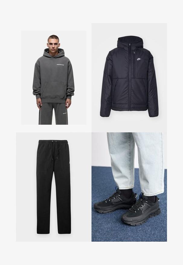 Zwarte, gewatteerde Nike-jas met een voorkant met ritssluiting en capuchon. Kenmerkt zich door een wit logo op de linkerborst en dubbele frontzakken. Gladde buitenkant.; Grijze capuchontrui met een zak aan de voorkant, met witte logo-tekst op de borst. De stof lijkt zacht en heeft een losse pasvorm.; Zwarte sweatpants van fleece, met een elastische tailleband met trekkoorden, twee voorzakken en een klein logo op de dij.; Zwarte sportschoenen met gestructureerde stof en rubberen zolen, met elastische veters en een blauwe accent op de hiel. Draag samen met lichte spijkerbroeken.