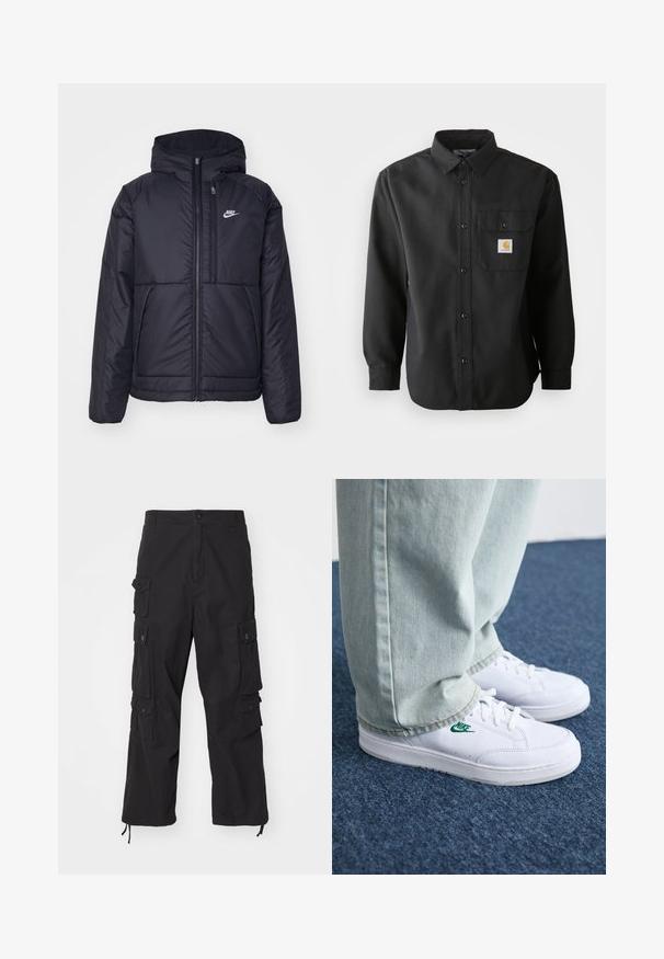 Casaco Nike preto, acolchoado, com fecho à frente e capuz. Apresenta um logo branco no lado esquerdo do peito e dois bolsos frontais. Textura exterior lisa.; Camisa preta de manga longa com frente abotoada, colarinho pontiagudo e um bolso no peito com um patch de logótipo. Tecido suave e texturizado.; Carhartt WIP TRACKER PANT - Calças cargo - black; Tênis de couro brancos com logo verde da Nike, bico redondo, sola plana, combinados com calças de denim azul claro, exibidos sobre um tapete azul.