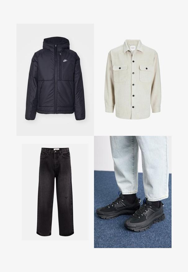 Black, padded Nike jacket with a front zipper and hood. Features a white logo on the left chest and dual front pockets. Smooth exterior texture.; Beige flannel shirt with a collared neckline, featuring two chest pockets, black buttons, and long sleeves with buttoned cuffs.; Black denim jeans with a wide-leg cut, featuring five pockets, a stitched waistband, and a subtle logo detail near the knee.; Black athletic shoes with textured fabric and rubber soles, featuring elastic laces and a blue accent on the heel. Worn with light denim pants.