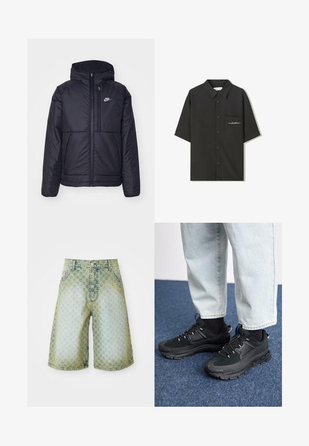 Giacca Nike nera, imbottita, con zip frontale e cappuccio. Presenta un logo bianco sul lato sinistro del petto e doppie tasche frontali. Texture esterna liscia.; Maglietta nera a maniche corte realizzata in tessuto morbido, con chiusura a bottoni sul davanti e taschino sul lato sinistro del petto con testo ricamato.; Shorts in denim con un motivo testurizzato, gradiente dal blu chiaro al verde, design classico a cinque tasche e chiusura con bottone in metallo.; Scarpe sportive nere con tessuto testurizzato e suole in gomma, dotate di lacci elastici e un accento blu sul tallone. Indossate con pantaloni in denim chiaro.