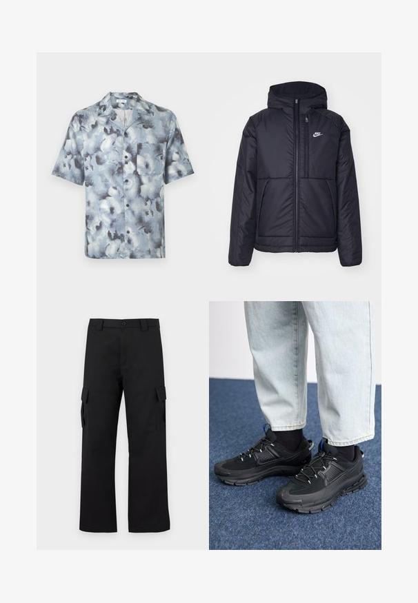 Čierna, polstrovaná bunda Nike so zipsom vpredu a kapucňou. Na ľavej strane hrude sa nachádza biele logo a sú tu dva predné vrecká. Hladký vonkajší povrch.; Košeľa na gombíky s krátkym rukávom, s roztiahnutým golierom a náprsným vreckom, v modro-sivom abstraktnom vzore pripomínajúcom oblak.; Čierne cargo nohavice so strihom rovného nohu. Vyrobené z odolnej látky, s dvoma bočnými vreckami so klopami a zapínaním na gombík.; Čierne športové topánky s textúrovanou tkaninou a gumovou podrážkou, so elastickými šnúrkami a modrým akcentom na päte. Nosia sa s svetlými riflami.