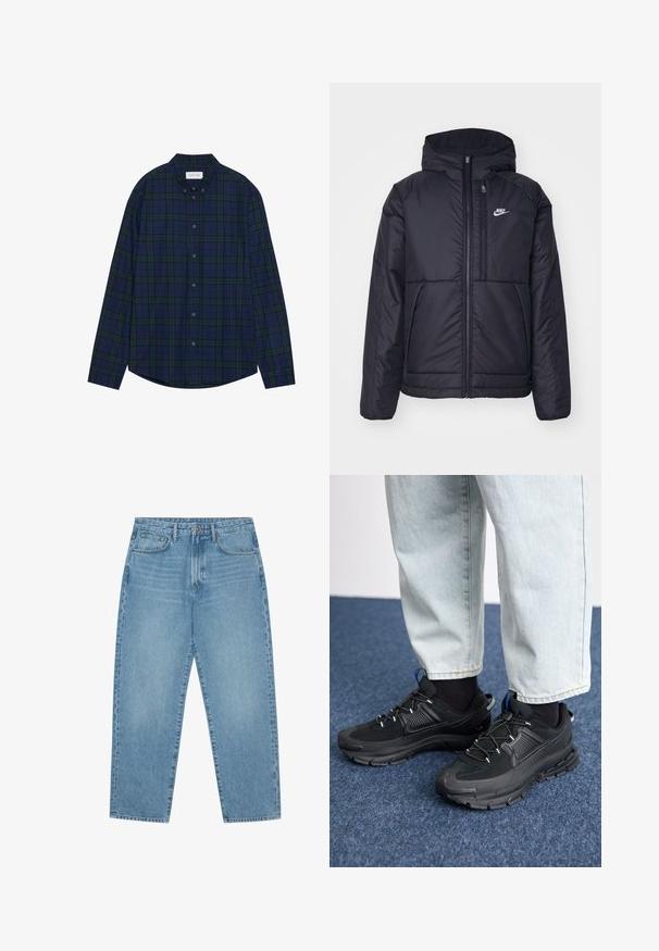 Zwarte, gewatteerde Nike-jas met een voorkant met ritssluiting en capuchon. Kenmerkt zich door een wit logo op de linkerborst en dubbele frontzakken. Gladde buitenkant.; Navy en groene geblokte button-down shirt met een afgeronde onderkant, lange mouwen en een kraag. Heeft twaalf knoopsluitingen. Zachte stoftextuur.; Lichtblauwe denim wijde jeans met een hoge taille, voorzien van vijf zakken, riemlusjes en een zachte, licht vervaagde textuur.; Zwarte sportschoenen met gestructureerde stof en rubberen zolen, met elastische veters en een blauwe accent op de hiel. Draag samen met lichte spijkerbroeken.