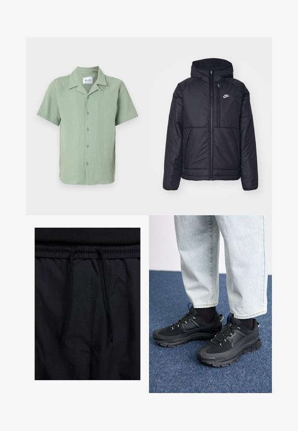 Juodas, paminkštintas Nike džemperis su priekyje užtrauktuku ir gobtuvu. Pasižymi balta logo kairėje krūtinės pusėje ir dviem priekinėmis kišenėmis. Su lygiu išoriniu paviršiumi.; Šviesiai žalia trumpomis rankovėmis marškiniai, pagaminti iš tekstūruotos medžiagos. Turi klasikį apykaklę, priekinį užsegimą mygtukais ir laisvą siluetą su apvaliu kraštu.; Juodos šortai su raišteliu juosmens srityje, lengva medžiaga su lygiu paviršiumi ir paprastas dizainas be matomų logotipų ar raštų.; Juodi sportiniai bateliai su tekstūruota medžiaga ir guminiais padais, su elastingomis raišteliais ir mėlynu akcentu ant kulno. Dėvimi su šviesiai mėlynomis džinsinėmis kelnėmis.