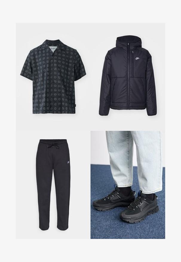 Black, padded Nike jacket with a front zipper and hood. Features a white logo on the left chest and dual front pockets. Smooth exterior texture.; Short-sleeve shirt in black fabric featuring white polka dots and heart patterns. Notched collar; relaxed fit; light texture.; Black sweatpants made of soft fabric with an elastic waistband, drawstring, and a small Nike logo on the left thigh.; Black athletic shoes with textured fabric and rubber soles, featuring elastic laces and a blue accent on the heel. Worn with light denim pants.