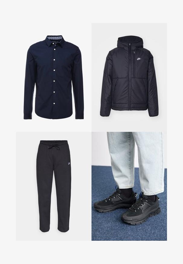 Fekete, párnázott Nike dzseki elülső cipzárral és kapucnival. A bal mellen fehér logó található, valamint két elülső zseb. Simának tűnő külső felület.; Sötétkék, hosszú ujjas ing, gombos gallérral, kontrasztos kockás belső gallérral és fehér gombokkal az elején. Simaszerű textúra.; Fekete, puha anyagból készült melegítőnadrág, rugalmas derékkal, húzózsinórral és egy kis Nike logóval a bal combján.; Fekete sportcipők texturált anyaggal és gumitalppal, elasztikus fűzőkkel és kék kiegészítővel a saroknál. Világos farmernadrággal viselve.
