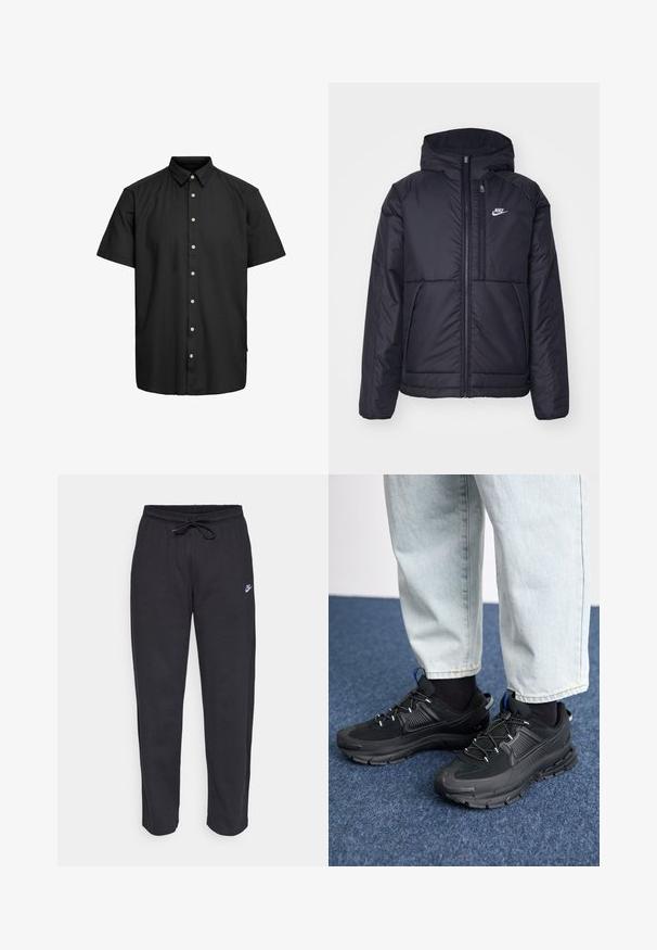 Melna, pufota Nike jaka ar priekšējo rāvējslēdzēju un kapuci. Iezīmēta ar baltu logotipu uz kreisās krūtis un divām priekšējām kabatām. Gluda ārējā tekstūra.; Melna īsām piedurknēm krekls, izgatavots no gludas auduma, ar pogājamu apkakli, priekšējām pogām ar gaišām akcentēm un taisnu apakšmalu.; Melnas sporta bikses, kas izgatavotas no mīksta auduma, ar elastīgu jostu, auklu un mazu Nike logo uz kreisā augšstilba.; Melni sporta apavi ar strukturētu audumu un gumijas zoli, ar elastīgām auklām un zilu akcentu uz papēža. Nēsāti ar gaišām džinsu biksēm.