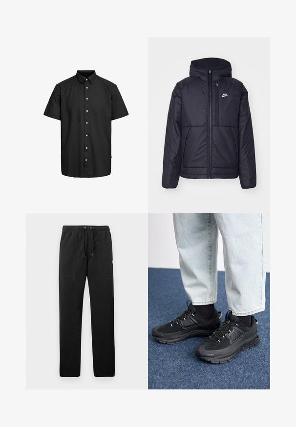 Schwarze, gepolsterte Nike-Jacke mit Frontreißverschluss und Kapuze. Hat ein weißes Logo auf der linken Brust und zwei Fronttaschen. Glattes äußeres Material.; Schwarzes Kurzarmhemd aus glattem Stoff, mit einem Kentkragen, vorderen Knöpfen mit hellen Akzenten und einem geraden Saum.; Schwarze Sweatpants aus Fleece, mit einem elastischen Bund mit Kordelzug, zwei Fronttaschen und einem kleinen Logo auf dem Oberschenkel.; Schwarze Sportschuhe aus strukturiertem Stoff mit Gummisohlen, ausgestattet mit elastischen Schnürsenkeln und einem blauen Akzent an der Ferse. Getragen mit hellen Jeans.