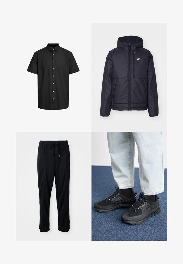 Jachetă Nike neagră, căptușită, cu fermoar pe față și glugă. Prezintă un logo alb pe pieptul stâng și două buzunare frontale. Textură exterioară netedă.; Cămașă neagră cu mânecă scurtă, fabricată dintr-un material neted, având guler cu nasturi, nasturi frontali cu accente de culoare deschisă și un tiv drept.; Pantaloni casual negri cu șnur la talie, cu buzunare laterale și croială dreaptă, pe un fundal simplu.; Pantofi sport negri, cu țesătură texturată și tălpi din cauciuc, având șireturi elastice și un accent albastru pe toc. Purtați cu pantaloni din denim deschis.