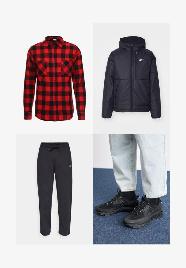 Veste Nike noire rembourrée avec une fermeture éclair sur le devant et une capuche. Elle présente un logo blanc sur la poitrine gauche et deux poches avant. Texture extérieure lisse.; Chemise en flanelle écossaise rouge et noire avec un devant à boutons, des manches longues et deux poches poitrine. Tissu texturé avec un motif à carreaux.; Pantalons de survêtement noirs en tissu doux, avec une taille élastique, un cordon de serrage et un petit logo Nike sur la cuisse gauche.; Des chaussures de sport noires avec un tissu texturé et des semelles en caoutchouc, dotées de lacets élastiques et d'un accent bleu au talon. Portées avec un pantalon en denim clair.