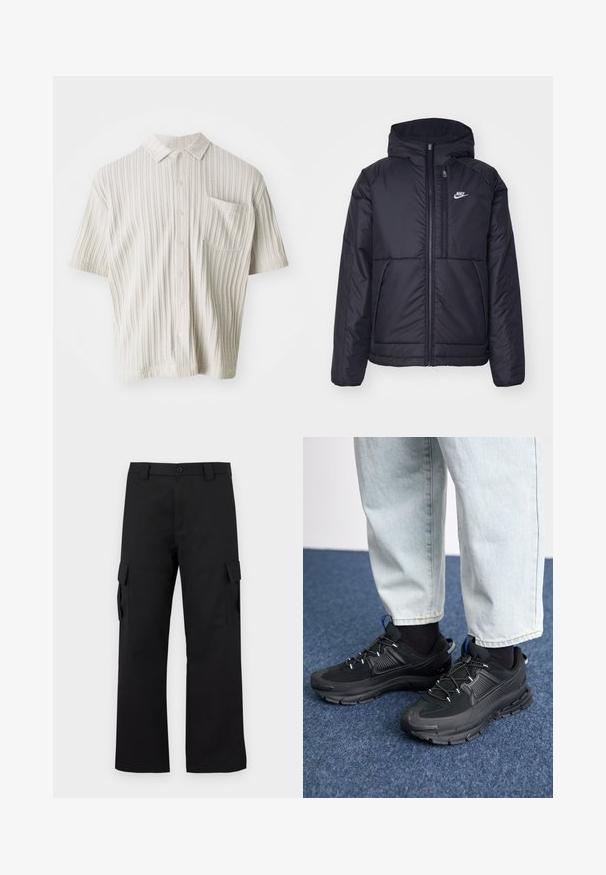 Schwarze, gepolsterte Nike-Jacke mit Frontreißverschluss und Kapuze. Hat ein weißes Logo auf der linken Brust und zwei Fronttaschen. Glattes äußeres Material.; Kurzärmliges, hellbeiges Hemd mit kragenähnlichem Ausschnitt, vertikal gerippter Textur, fünf Knöpfen und einer Brusttasche.; Schwarze Cargo-Hosen mit geradem Bein Design. Hergestellt aus strapazierfähigem Stoff, mit zwei Seitentaschen mit Klappen und einem Knopfverschluss.; Schwarze Sportschuhe aus strukturiertem Stoff mit Gummisohlen, ausgestattet mit elastischen Schnürsenkeln und einem blauen Akzent an der Ferse. Getragen mit hellen Jeans.