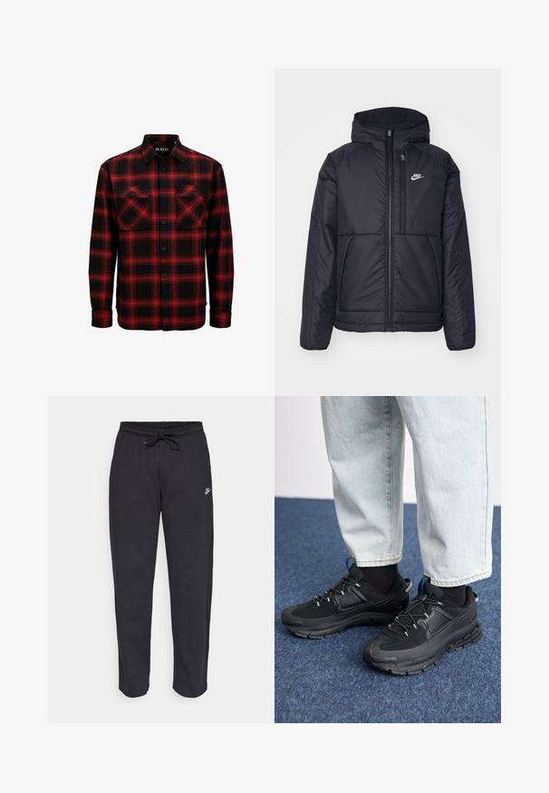 Veste Nike noire rembourrée avec une fermeture éclair sur le devant et une capuche. Elle présente un logo blanc sur la poitrine gauche et deux poches avant. Texture extérieure lisse.; Chemise en flanelle à carreaux rouges et noirs avec deux poches poitrine, devant à boutons et col. Fabriquée en tissu doux et texturé.; Pantalons de survêtement noirs en tissu doux, avec une taille élastique, un cordon de serrage et un petit logo Nike sur la cuisse gauche.; Des chaussures de sport noires avec un tissu texturé et des semelles en caoutchouc, dotées de lacets élastiques et d'un accent bleu au talon. Portées avec un pantalon en denim clair.