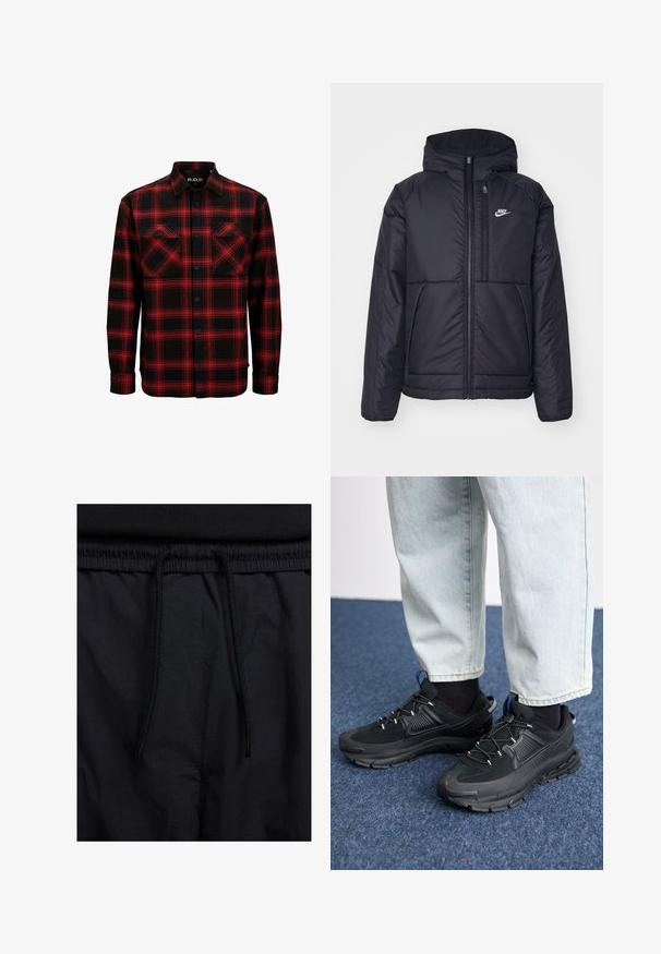 Veste Nike noire rembourrée avec une fermeture éclair sur le devant et une capuche. Elle présente un logo blanc sur la poitrine gauche et deux poches avant. Texture extérieure lisse.; Chemise en flanelle à carreaux rouges et noirs avec deux poches poitrine, devant à boutons et col. Fabriquée en tissu doux et texturé.; Shorts noirs avec un élastique à cordon de serrage, en tissu léger avec une texture lisse, et un design simple sans logos ni motifs visibles.; Des chaussures de sport noires avec un tissu texturé et des semelles en caoutchouc, dotées de lacets élastiques et d'un accent bleu au talon. Portées avec un pantalon en denim clair.