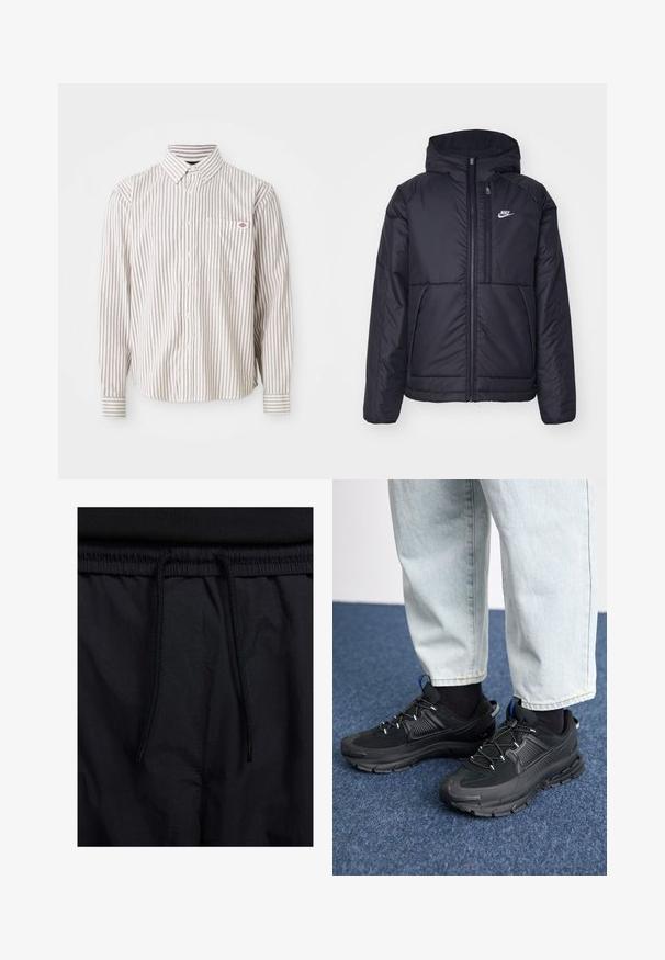 Zwarte, gewatteerde Nike-jas met een voorkant met ritssluiting en capuchon. Kenmerkt zich door een wit logo op de linkerborst en dubbele frontzakken. Gladde buitenkant.; Witte button-up shirt met lange mouwen en dunne verticale rode strepen, voorzien van een borstzak met een klein rood en blauw logo.; Zwarte shorts met een drawstring tailleband, lichtgewicht stof met een zachte textuur en een eenvoudig ontwerp zonder zichtbare logo's of patronen.; Zwarte sportschoenen met gestructureerde stof en rubberen zolen, met elastische veters en een blauwe accent op de hiel. Draag samen met lichte spijkerbroeken.