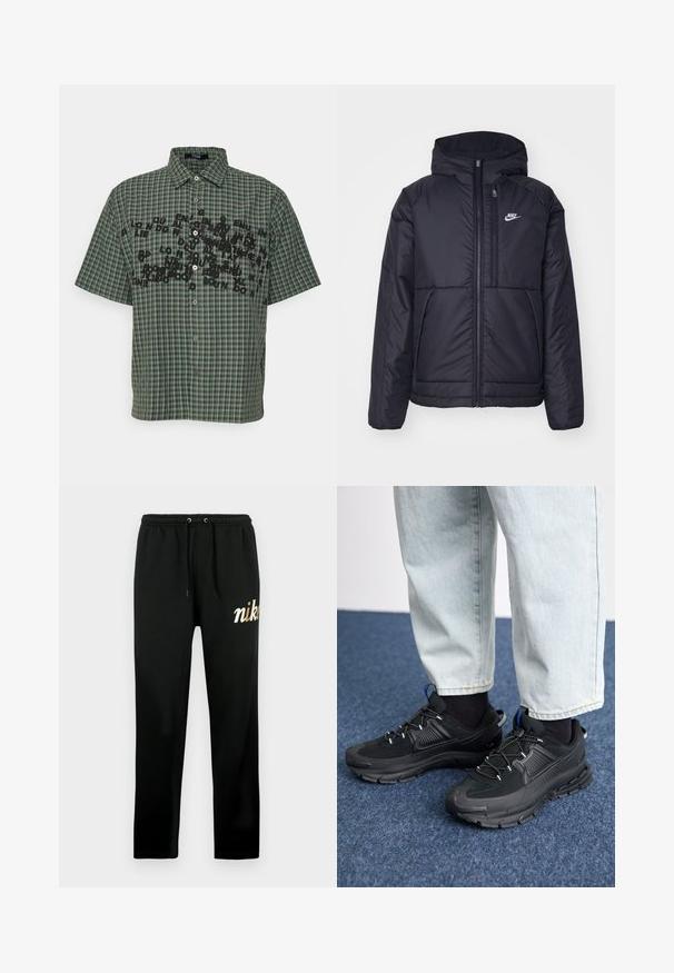 Casaco Nike preto, acolchoado, com fecho à frente e capuz. Apresenta um logo branco no lado esquerdo do peito e dois bolsos frontais. Textura exterior lisa.; Camisa de manga curta em padrão xadrez nas cores verde escuro e preto, com fecho de botões na frente e uma impressão em texto preto ousado no peito.; Calças de treino pretas feitas de tecido macio, com cintura elástica com cordões, pernas afuniladas e um logotipo "nike" bordado a ouro.; Sapatilhas desportivas pretas com tecido texturizado e solas em borracha, apresentando atacadores elásticos e um detalhe azul no calcanhar. Usadas com calças de ganga claras.