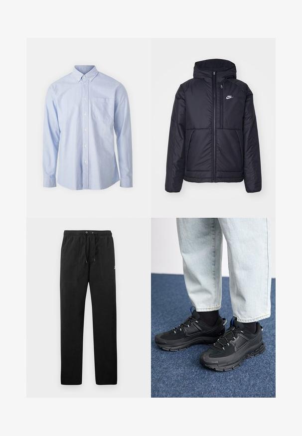 Casaco Nike preto, acolchoado, com fecho à frente e capuz. Apresenta um logo branco no lado esquerdo do peito e dois bolsos frontais. Textura exterior lisa.; Camisa azul de botões feita de tecido leve, com colarinho pontiagudo, mangas longas e um único bolso no peito.; Calças de fato de treino pretas feitas de polar, com uma cintura elástica e cordões, dois bolsos frontais e um pequeno logótipo na coxa.; Sapatilhas desportivas pretas com tecido texturizado e solas em borracha, apresentando atacadores elásticos e um detalhe azul no calcanhar. Usadas com calças de ganga claras.