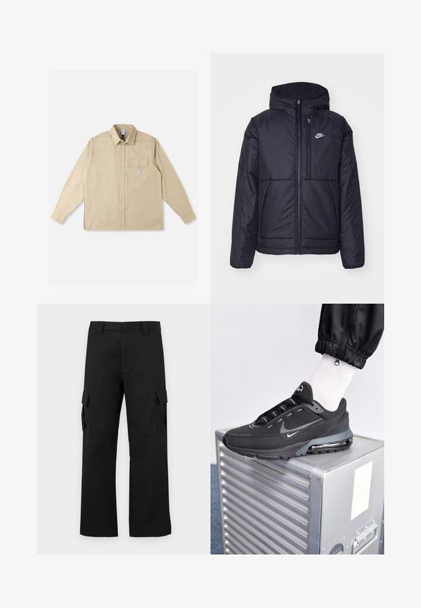Giacca Nike nera, imbottita, con zip frontale e cappuccio. Presenta un logo bianco sul lato sinistro del petto e doppie tasche frontali. Texture esterna liscia.; Maglia beige a maniche lunghe in tessuto di cotone, con colletto classico, chiusura con bottoni, taschino sul petto e patch del marchio sulla tasca.; Pantaloni cargo neri con design a gamba dritta. Realizzati in tessuto resistente, dotati di due tasche laterali con chiusura a pattina e chiusura con bottone.; Nike Sportswear PULSE - Sneakers basse - black/anthracite