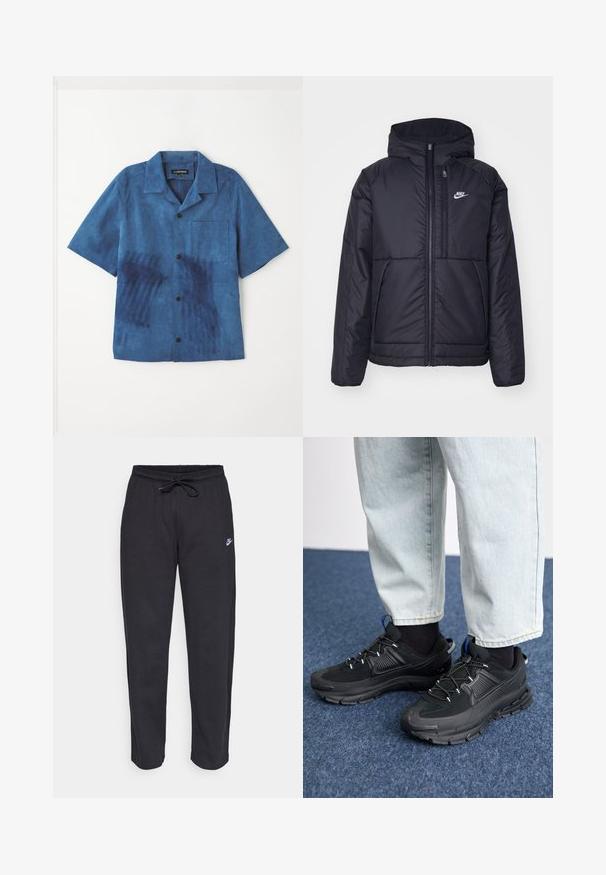 Giacca Nike nera, imbottita, con zip frontale e cappuccio. Presenta un logo bianco sul lato sinistro del petto e doppie tasche frontali. Texture esterna liscia.; Camicia blu a maniche corte realizzata in tessuto morbido, caratterizzata da una tasca frontale, bottoni neri e una texture unica con motivi blu scuri.; Pantaloni della tuta neri realizzati in tessuto morbido con vita elastica, coulisse e un piccolo logo Nike sulla coscia sinistra.; Scarpe sportive nere con tessuto testurizzato e suole in gomma, dotate di lacci elastici e un accento blu sul tallone. Indossate con pantaloni in denim chiaro.