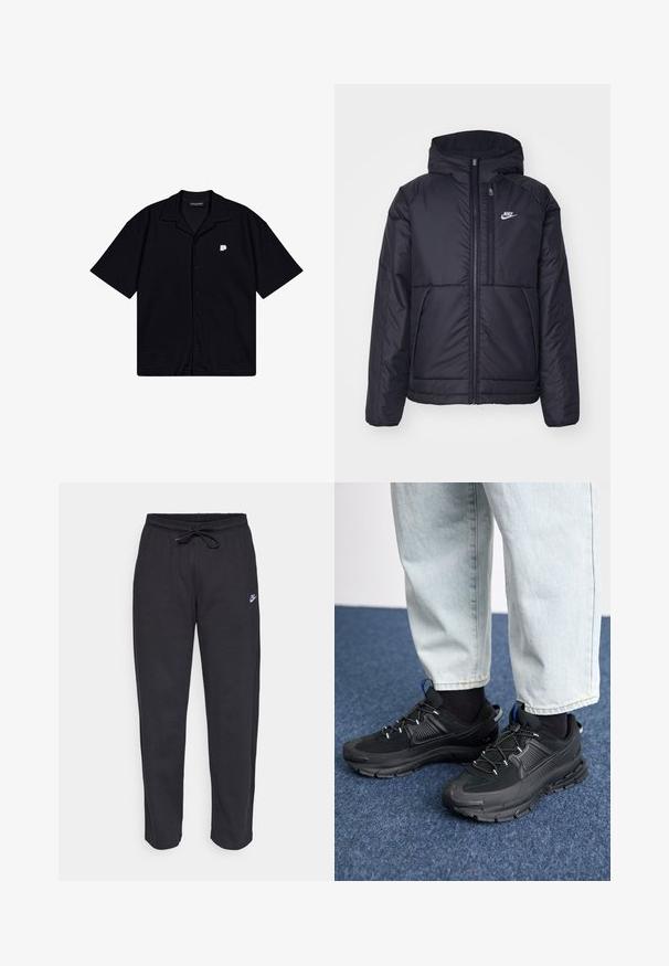 Černá zateplená bunda Nike s předním zipem a kapucí. Na levé straně hrudi má bílé logo a dvojité přední kapsy. Hladký povrch.; Černá krátkozápěstní košile s tlačítky vyrobená z texturované látky, s špičatým límcem a malým vyšitým logem na levé straně hrudi.; Černé tepláky vyrobené z měkké tkaniny s elastickým pasem, šňůrkou na stažení a malým logem Nike na levém stehně.; Černé sportovní boty s texturovanou tkaninou a gumovou podrážkou, s elastickými tkaničkami a modrým akcentem na patě. Nosí se s světlými džíny.