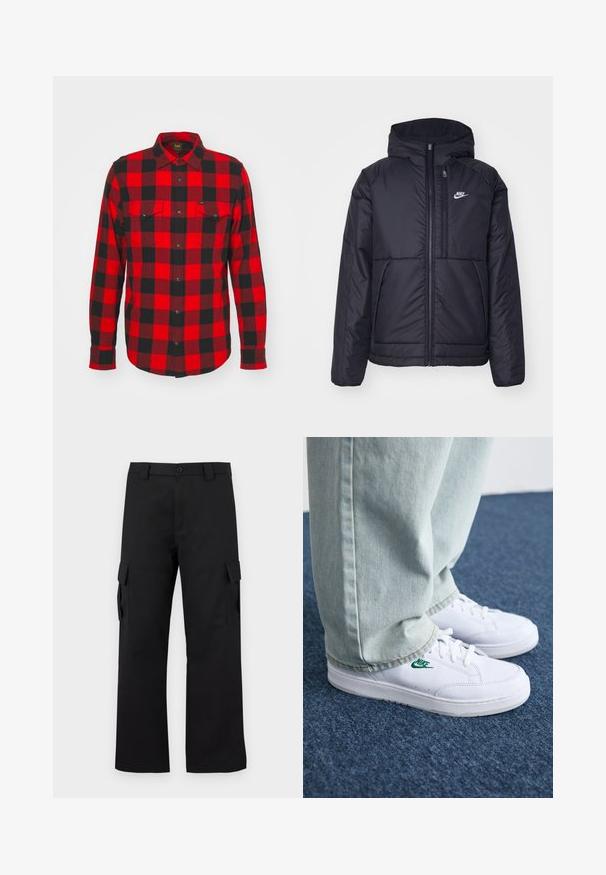 Črna, podložena Nike jakna z sprednjim zadrgo in kapuco. Ima bel logo na levem prsnem delu in dvojna sprednja žepa. Gladka zunanja tekstura.; Rdeča in črna karirasta flanelska srajca, dolgimi rokavi, z gumbnim zapiranjem, dvema žepoma na prsih, tkanina je mehka in brušena.; Črne cargo hlače s ravnim krojem. Narejene so iz trpežnega materiala in imajo dve stranski žepi s poklopcem ter gumbasto zaponko.; Bela usnjena športna obutev z zelenim Nike logotipom, okrogla konica, ravna podplat, v kombinaciji z svetlo modrimi kavbojkami, prikazana na modrem preprogu.