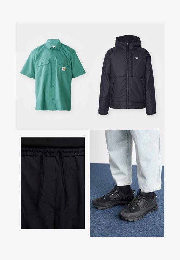 Chaqueta acolchada negra de Nike con cremallera frontal y capucha. Presenta un logo blanco en el lado izquierdo del pecho y dos bolsillos frontales. Textura exterior suave.; Camisa de manga corta, abotonada, en tela color teal con una textura suave. Cuenta con dos bolsillos en el pecho y un pequeño parche con el logo en el lado izquierdo del pecho.; Pantalones cortos negros con cinturilla ajustable, tejido ligero con una textura suave y un diseño sencillo sin logotipos visibles ni patrones.; Zapatillas deportivas negras con tejido texturizado y suelas de goma, con cordones elásticos y un acento azul en el talón. Combinadas con pantalones de mezclilla claros.